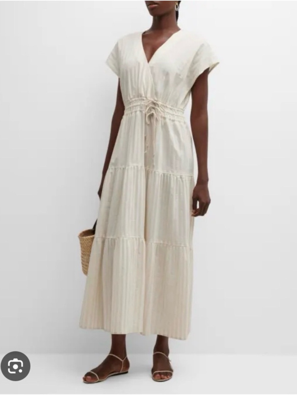 FINLEY Tiered V‑Neck Drawstring Maxi Dress in Cream